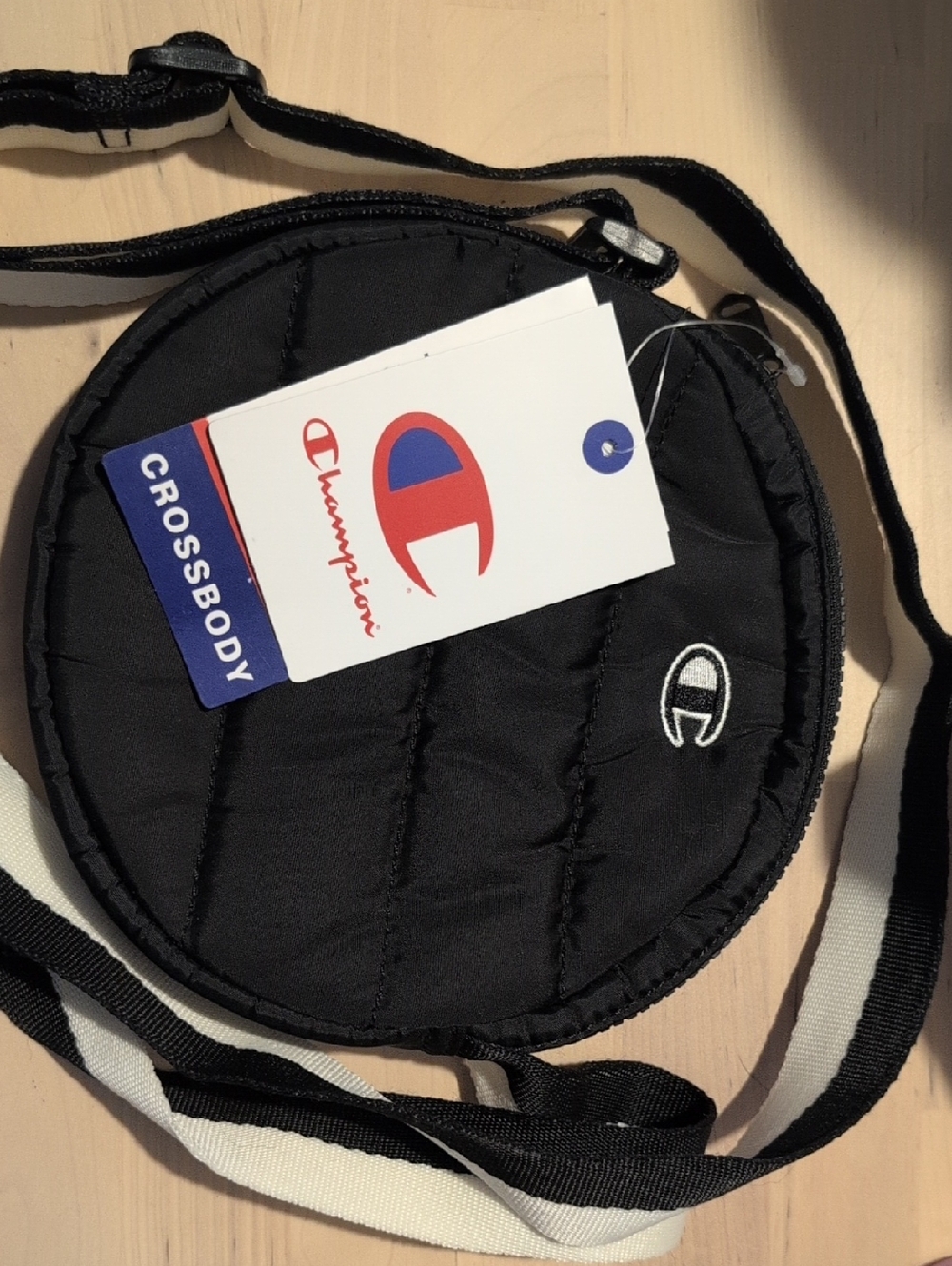 Champion Black Quilted Round Crossbody Pouch with White Strap